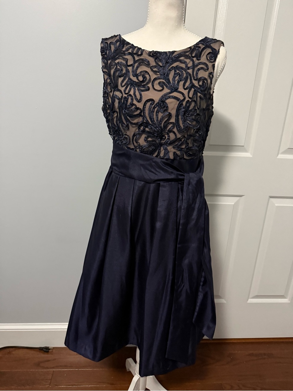 Navy Embroidered Midi Dress with Satin Waist Tie